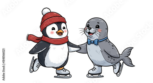 Adorable cartoon penguin and seal characters ice skating together, cute animals wearing winter hats and scarves, joyful duo enjoying cold weather activity on ice rink