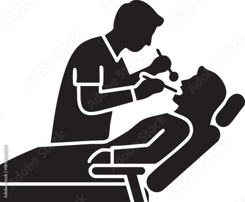 Dentist Patient Dental Chair Mirror Probe Checkup Silhouettes isolated on white background