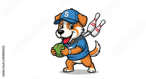 Cute cartoon terrier dog character holding a bowling ball and pins, happy and playful canine mascot wearing a cap and shirt, adorable pet engaging in bowling sport activity
