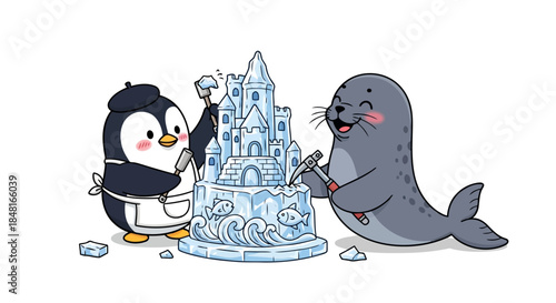 Charming penguin artist and joyful seal sculpting an intricate ice castle with various tools, showcasing collaboration and creative craftsmanship in a winter setting