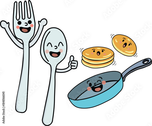  A modern cartoon kitchen scene where a spoon and fork are cheering with frying pan and pan cake line illustration.