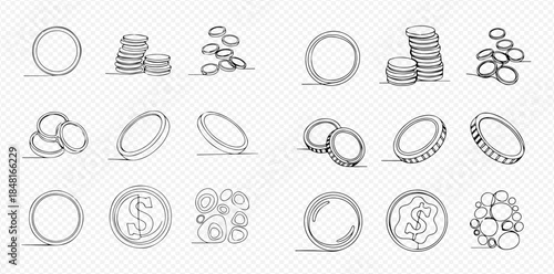 Set of hand-drawn doodle coins, various stacks and single pieces, financial currency symbols in continuous line art style.