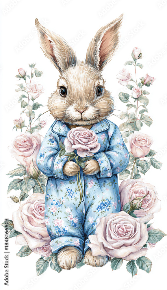 Obraz premium Cute rabbit in blue pajamas holding a rose surrounded by pink flowers in a charming setting