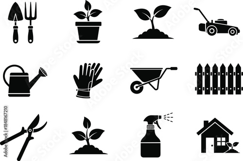 Black gardening tools and plant care icons set isolated on white background, minimalist agriculture landscaping vector symbols collection