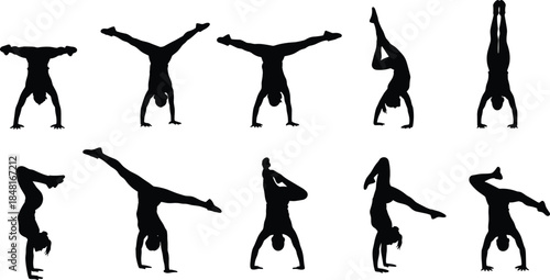 Black gymnast and dancer silhouettes performing handstand and acrobatic poses, athletic human body shapes set isolated on white background