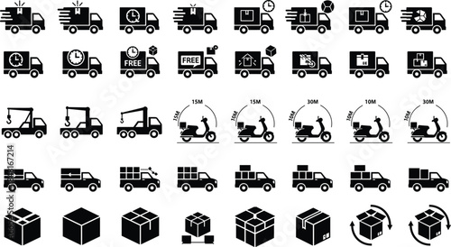 Black delivery logistics and shipping icons set isolated on white background, transportation courier services, warehouse distribution vector symbols collection