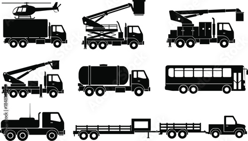 Black industrial vehicle silhouettes set including trucks, crane lifts, tanker, bus, and utility transport icons isolated on white background