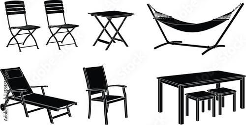 Black outdoor furniture silhouettes set including chairs table hammock lounge chair patio dining icons isolated on white background
