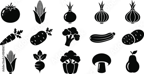 Black vegetable silhouettes icon set featuring tomato corn onion carrot broccoli zucchini mushroom and pear isolated on white background