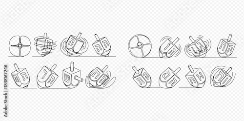 Set of hand-drawn dreidel spinning tops, a traditional Jewish game, in various motion states.