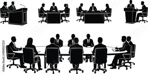 Business Meeting and Conference Silhouette Collection Featuring Professionals in Boardroom Discussions Presentations and Corporate Negotiations for Office and Leadership Vector Graphics