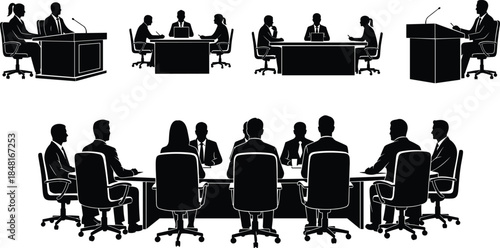 Business Meeting and Conference Silhouette Set Featuring Professionals in Boardroom Discussions Presentations and Corporate Negotiations for Office and Leadership Vector