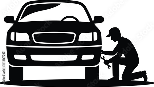 Car mechanic repairing vehicle silhouette illustration, auto service maintenance concept, black vector design for automotive repair and service branding
