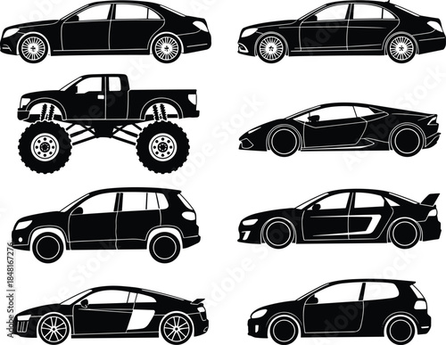 Car silhouettes set featuring sedan suv sports and pickup vehicles isolated black vector illustration for automotive design and transport concepts