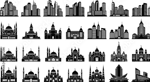 City skyline and landmark silhouettes set featuring modern buildings and islamic mosques black vector illustration for urban architecture design