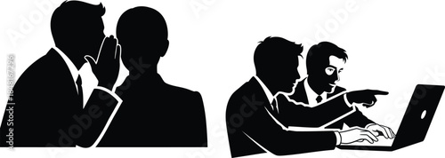 Businessmen collaborate and share secrets in a meeting.