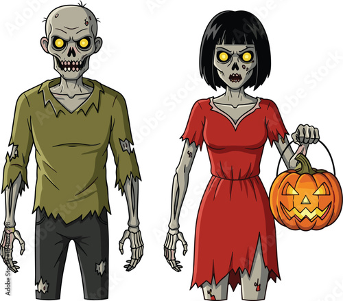 Cartoon zombies in Halloween costumes holding pumpkin bucket, spooky undead characters for festive decoration, horror media, or seasonal illustration use