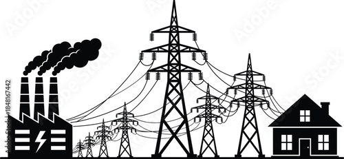 High Voltage Electric Power Transmission Line Vector with Energy Generating Factory and Residential House Representing Electricity Supply Chain and Industrial Infrastructure