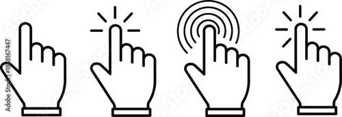 Hand cursor click touch gesture icon set vector outline illustration for user interface interaction mobile app and web design