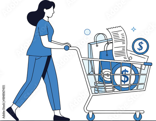 Woman pushing full shopping cart with bags, receipt, and coins