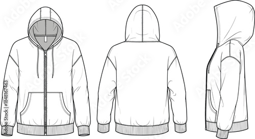 Hooded Zip Up Hoodie Technical Fashion Flat Sketch Showing Front Back And Side Views For Apparel Design Template Vector