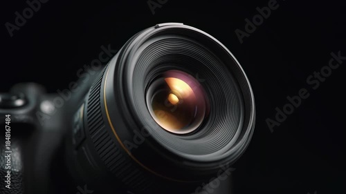 Camera lens close-up studio dark background macro view