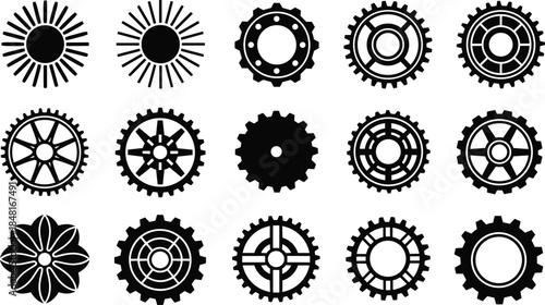 Industrial gear and cogwheel icons collection, mechanical circular symbols set, black silhouette vector for engineering, machinery, and technology design
