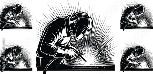 Industrial welder welding metal with sparks in dramatic black and white vector illustration showcasing craftsmanship, safety, and manufacturing industry