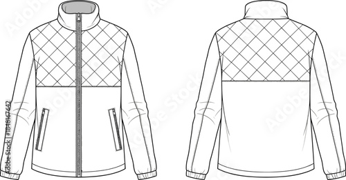 Technical quilted jacket flat vector illustration front and back view apparel fashion design template for outerwear manufacturing and branding