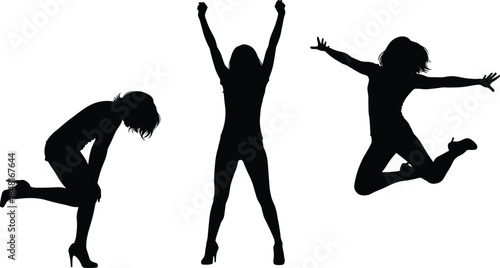 Three female silhouettes dancing and jumping expressing freedom energy motion isolated on white background studio concept photography people fitness