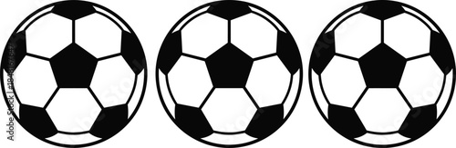 Three classic black and white soccer balls isolated on white background, football icons for sports design and branding