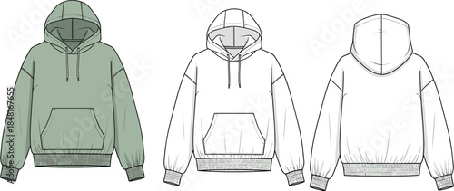 Unisex Hooded Sweatshirt Technical Flat Sketch Showing Front Back And Side Views For Apparel Fashion Design Vector Template
