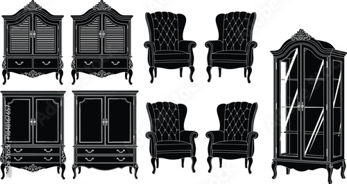 Vintage baroque furniture silhouettes set featuring wardrobes cabinets and armchairs isolated black vector illustration for classic interior design projects