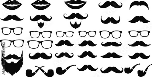 Vintage mustache beard lips and glasses icons collection, black silhouette facial hair set for barber design projects branding