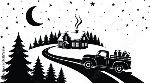 Winter night cabin landscape with vintage truck carrying Christmas gifts vector silhouette illustration under starry sky moonlit snowy forest