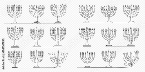Set of hand drawn menorah for Hanukkah celebration, traditional Jewish holiday symbols.