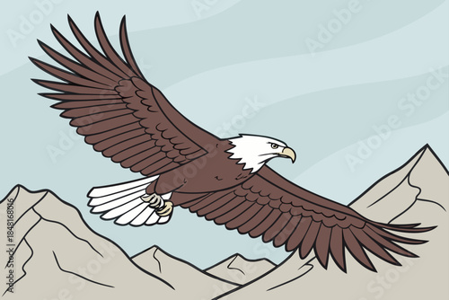 Majestic Bald Eagle Soaring Over Mountain Peaks