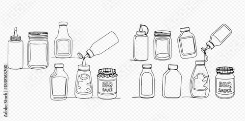 Hand-drawn sketch set of various sauce and food condiment bottles and jars.