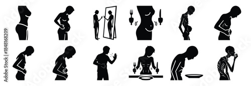 set of eating disorder silhouette icon vector illustration isolated on white background