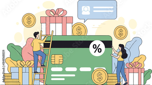 People celebrating shopping and rewards with gifts and credit card savings