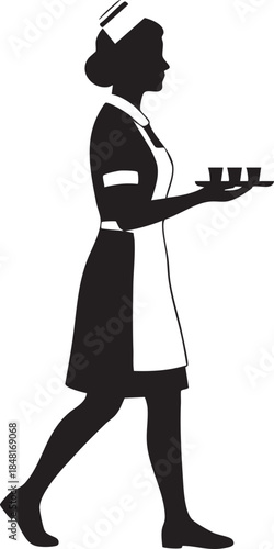 Nurse Walking Briskly Medical Tray Traditional Cap Silhouettes isolated on white background