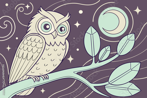 Mystical Owl Perched on Branch Under Starry Night Sky