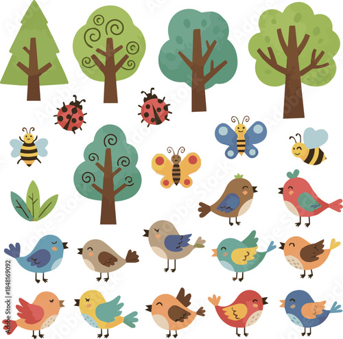 Collection kinds of childish forest elements Trees, insects and birds in different colors Vector illustration in flat cartoon style with watercolor texture Every object are isolated on white backgroun