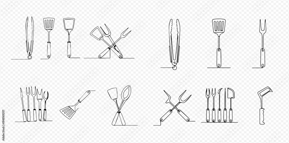 Obraz premium Continuous line drawing of kitchen utensils and BBQ tools, including spatulas, tongs, and forks, on a transparent background.