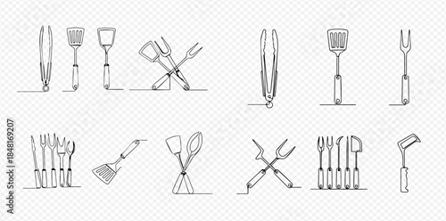Continuous line drawing of kitchen utensils and BBQ tools, including spatulas, tongs, and forks, on a transparent background.