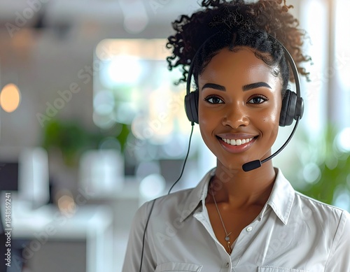 Friendly customer service agent wearing a headset, smiling confidently while working in a modern office environment.