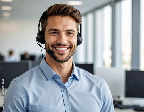 Modern customer service representative providing professional assistance in a bright and clean office setting.