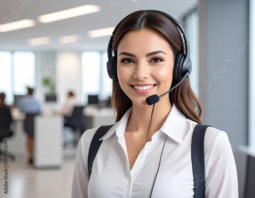 Smiling support agent with headset working at a desk, showing friendly and efficient customer service.