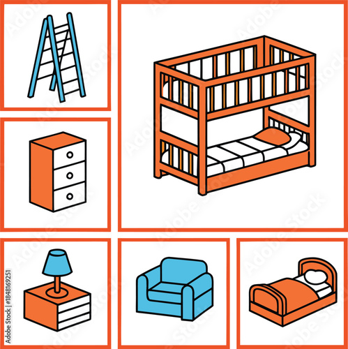 a colorful illustration displaying various pieces of furniture including a ladder bunk bed dresser lamp sofa and a single bed in boxes high quality