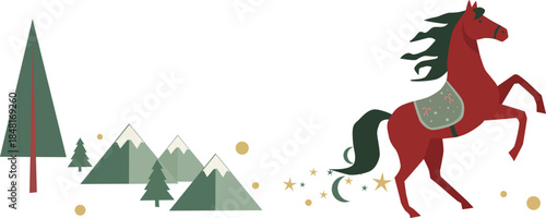 Prancing red horse in a festive winter mountain scene